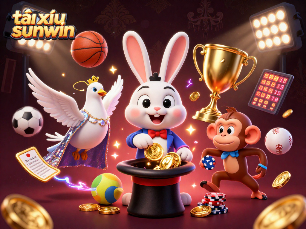 Engage in tài xỉu sunwin with an illustration of a magician rabbit, sports elements, and a monkey with poker chips.