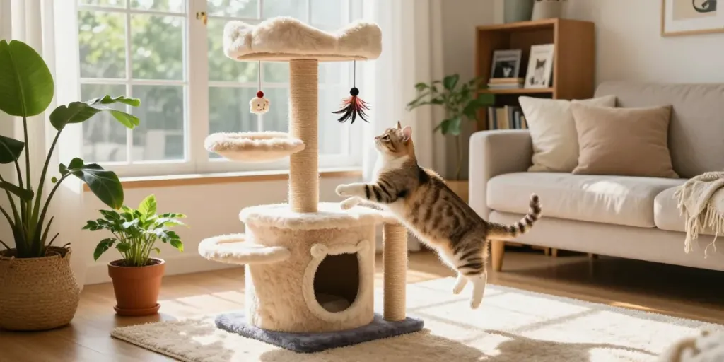 Playful cat on a multi-level cat cat tree in a sunny living room.