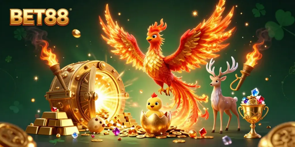 Experience the vibrant world of BET88 with golden treasures and magical characters in this dynamic casino-themed illustration.