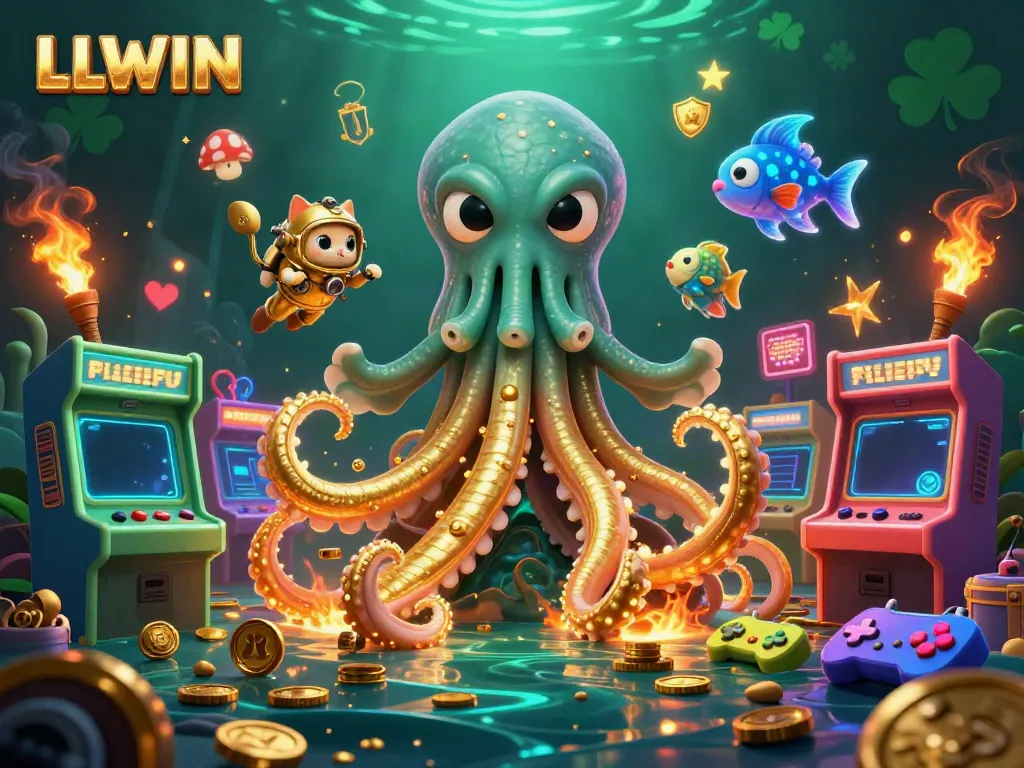 Experience LLWIN excitement with a colossal kraken, diving cat, and glowing deep-sea fish in a vibrant casino scene.