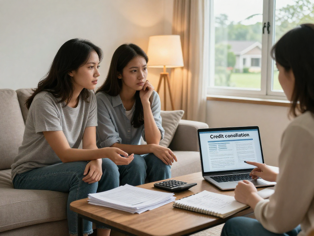 A couple receiving personal credit consolidation advice at https://credit-consolidation.ca/ sitting in a cozy living room with a counselor.