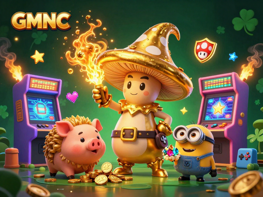 Experience GMNC's magical treasure hunting with a wizard, truffle pig, and jewels in an engaging casino scene.