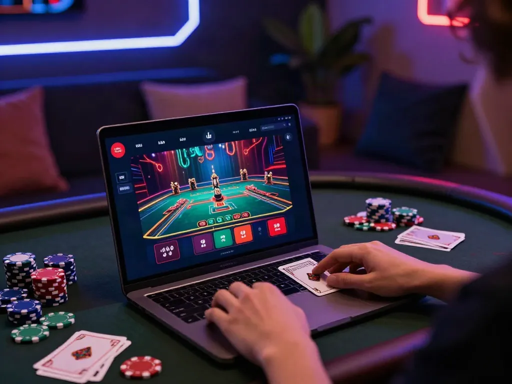 Exciting gaming atmosphere with debet platform user engaged in a vibrant casino game.