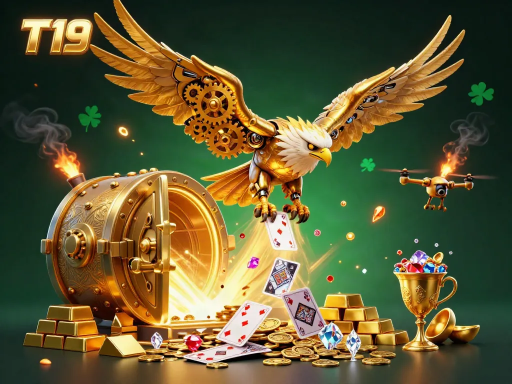 T19 casino illustration featuring a cybernetic golden eagle diving through playing cards surrounded by treasure and shimmering gems.