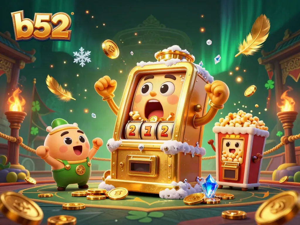 Engage with the thrilling b52 slot experience as animated characters celebrate a jackpot.