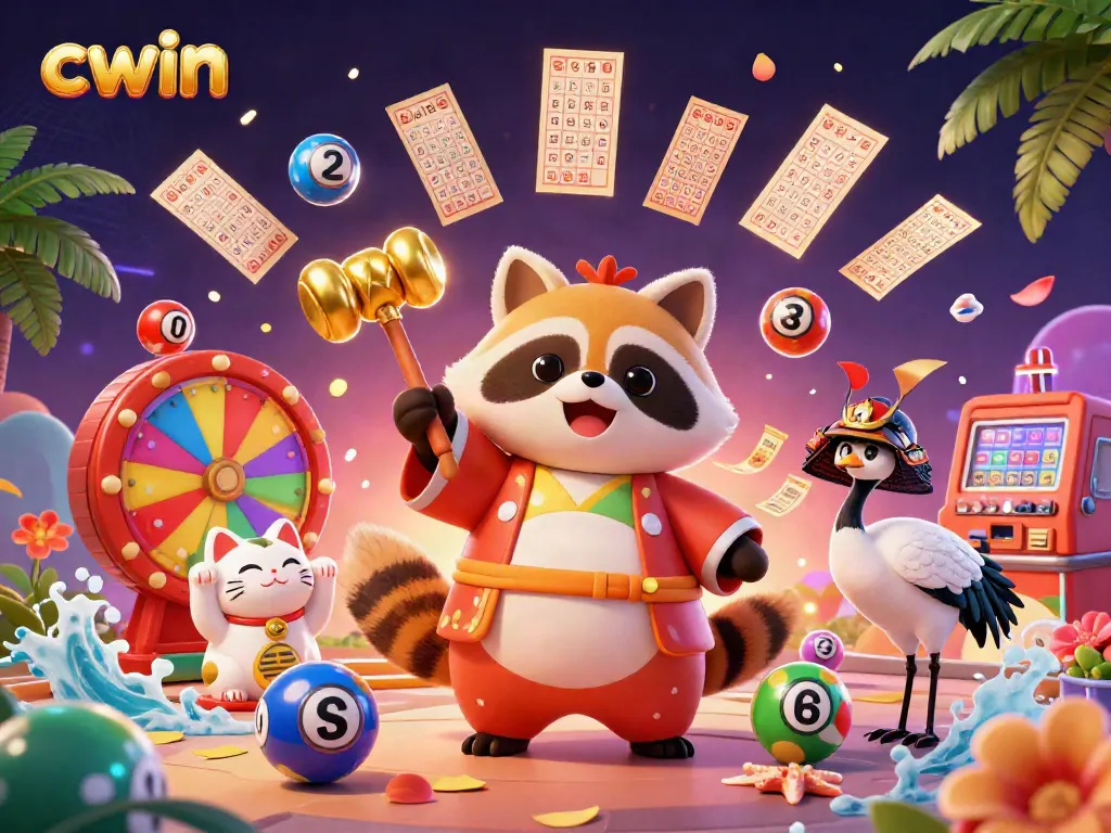 Cwin's vibrant casino scene features a cheerful tanuki and fortune cats amidst colorful lottery elements.