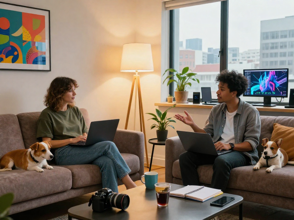 AI porn chat discussion among friends in a modern home office
