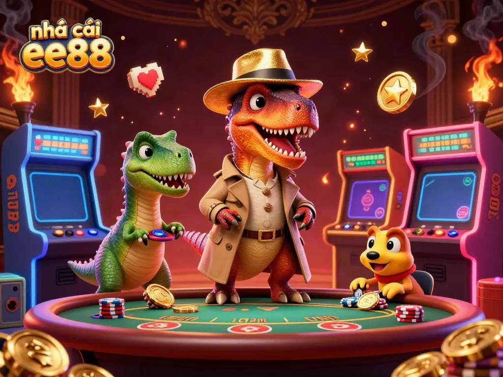 Engage with nhà cái ee88's playful casino scene featuring a velociraptor card counter at blackjack.
