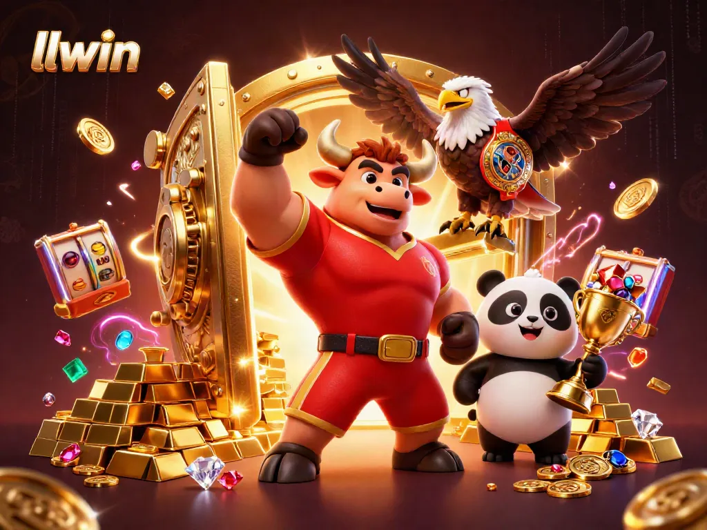Engage in the thrill of gaming with llwin, featuring an animated scene of a victorious casino mascot trio.