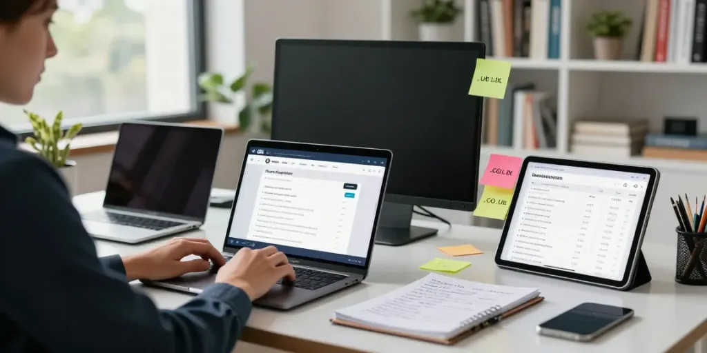 Buy .uk domain registration in a modern workspace with a laptop and notes.