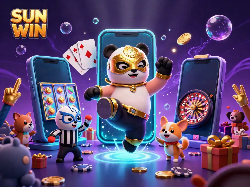 Experience the excitement of SUN WIN with a playful panda wrestler and vibrant casino elements.