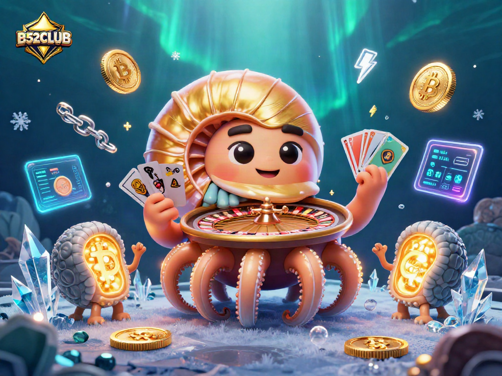 Engage in exciting B52CLUB action with a vibrant 3D gambling scene featuring a nautilus roulette wheel.