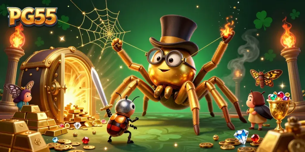 Experience thrilling fun with PG55 as a golden tarantula weaves a web of excitement in a vibrant casino