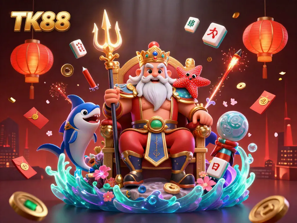 Experience the vibrant TK88 casino world with Neptune and his guardians in an action-packed scene.