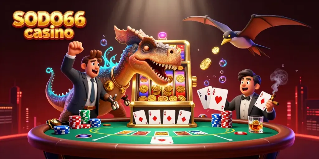 Experience excitement at SODO66 casino with dynamic cartoon characters celebrating a jackpot.