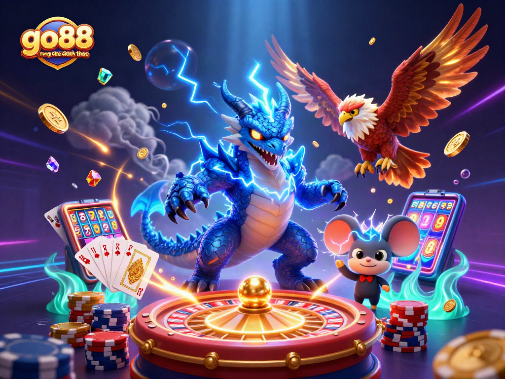 Play thrilling games at go88 trang chu chinh thuc surrounded by dynamic casino elements and vibrant characters.
