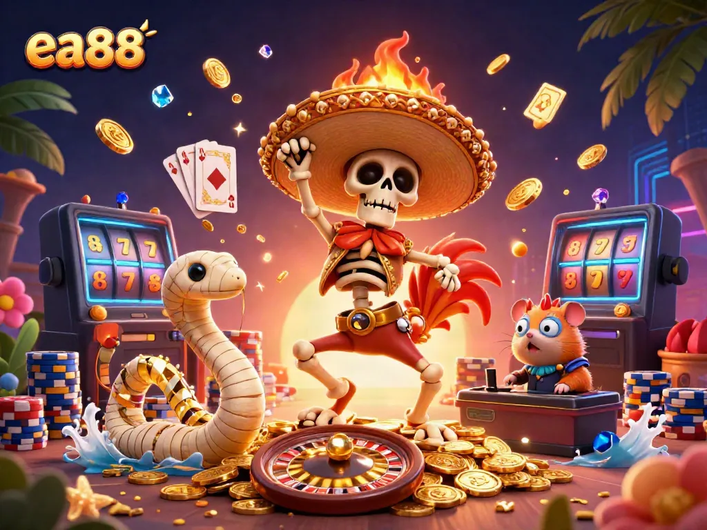 ea88 celebration with vibrant characters dancing on golden coins in a dynamic casino scene