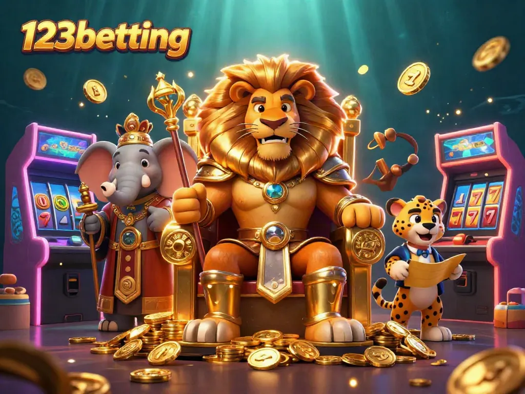 Experience the excitement of 123betting with a vibrant casino scene featuring a lion king and gaming elements.