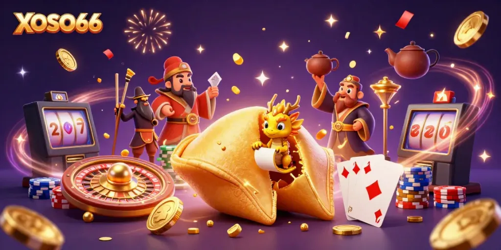 XOSO66 showcases a dynamic 3D casino scene with golden casino elements and characters celebrating wins.