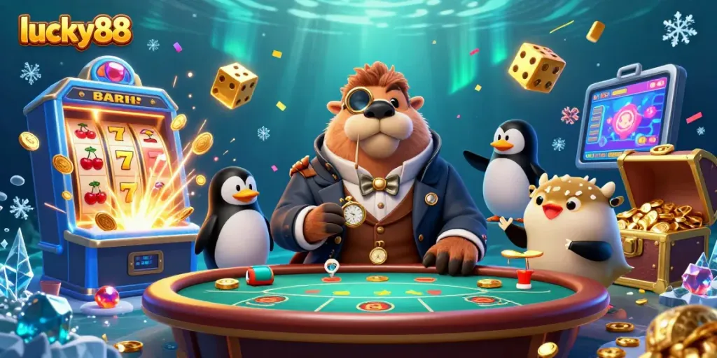 Experience the thrill of lucky88 with a lively scene featuring a walrus, penguin, and pufferfish at a poker table.
