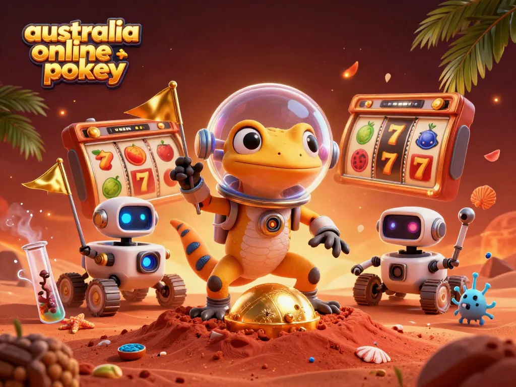 Spin the reels of australia online pokies with a Martian gecko discovering a golden casino on Mars.