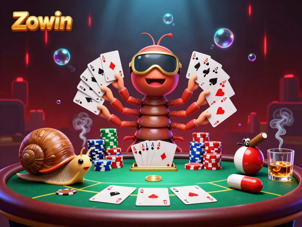 Zowin players enjoy a vibrant poker scene featuring a cartoon dealer and chip stacks, showcasing excitement and luck.